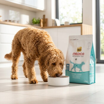 Chien brun bouclé mangeant dans une gamelle blanche à côté d'un sac étiqueté 'Select Gold MEDICA Veterinary Diet Hypoallergenic' dans une cuisine. – Généré par IA