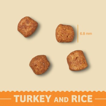 Four brown kibble pieces labeled "Turkey and Rice," with a measurement of 6.8 mm displayed beside them.