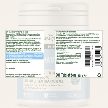 Ergänzungsfutter für Hunde in einem weißen Behälter, 90 Tabletten, zur Unterstützung der Hautfunktion und übermäßigen Haarausfalls.