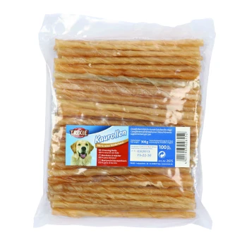 Kaurollen, gedreht 12cm 100 Stück S Klare Plastiktüte mit "Trixie Kaurrollen" Hundekau-Sticks, mit einem Golden Retriever, 100% rein, 300g Nettogewicht.