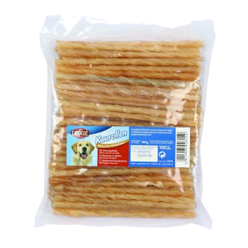 Heldere plastic verpakking van 'Trixie Kaurrollen' hond kauwsticks, met een golden retriever, 100% puur, 300g netto gewicht.
