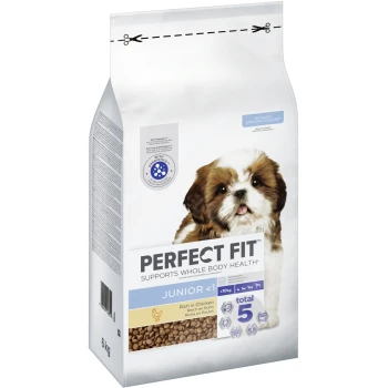 6 kg Beutel Perfect Fit Junior Hundefutter mit einem Shih Tzu auf der Vorderseite, der besagt "Unterstützt die Gesundheit des gesamten Körpers" und "Reich an Huhn."