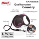 Black Flexi dog leash with pink accents, featuring ergonomic grip, sturdy tape, and a connection slot for flexi Multi Box. Quality made in Germany.