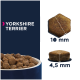 Bild von Hundefutter für Yorkshire Terrier, mit Kibble-Größen von 10 mm und 4,5 mm, in einer blauen Schüssel präsentiert.