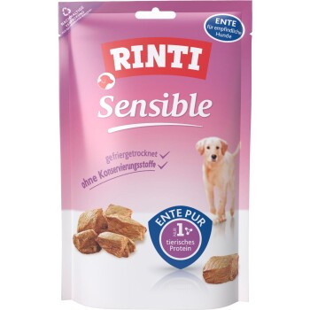 Sacoche de friandises pour chiens RINTI Sensible, rose, morceaux de canard lyophilisés ; texte visible : RINTI Sensible, CANARD, sans conservateurs.