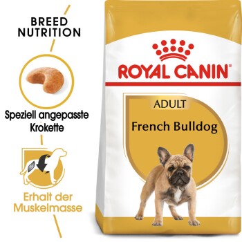 Royal Canin Adult French Bulldog Hundefutterbeutel, der rassespezifische Ernährungsdetails enthält, einschließlich speziell angepasster Kroketten.