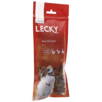 Eine rote Tüte Lecky Mini Soft Snack für Hunde, beschriftet mit "GLUTENFREI", mit einem lächelnden Hund auf der Vorderseite und bunten Leckereien, die sichtbar sind.