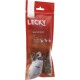 Un sac rouge de Lecky Mini Soft Snack pour chiens, étiqueté "SANS GLUTEN", avec un chien souriant sur le devant et des friandises colorées visibles à l'intérieur.