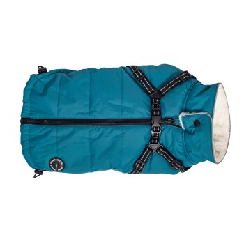 Teal Hundejacke mit einem Reißverschluss vorne und schwarzen Geschirrriemen, mit einem weichen, weißen Futter und einem runden Logo-Patch.