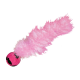 Langes rosa, flauschiges Feder-Katzenspielzeug, befestigt an einem kleinen rosa-schwarzen Stoffball auf weißem Hintergrund.