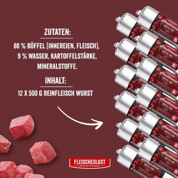 Fleischeslust Büffelwürste, deutsche Etikettangabe: 'Zutaten 88% Büffel, 9% Wasser'; Inhalt '12 x 500 g reinfleisch wurst'.