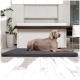 Ein großer grauer Hund liegt auf einem dunkelgrauen Hundebett in einer modernen Küche mit weißen Schränken und einer Holzarbeitsplatte.