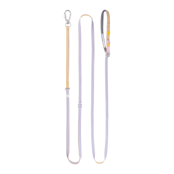 Verstellbare zweifarbige Hundeleine aus Nylon in Lavendel und Beige mit Metallwirbelhaken und gepolsteter Griffschlaufe.