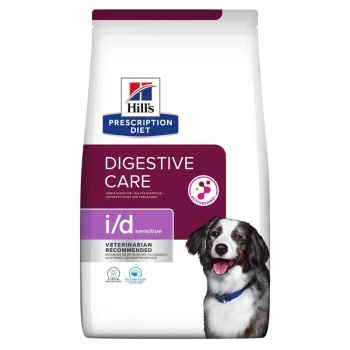 Hill's Prescription Diet Digestive Care i/d sensibles Hundefutterpaket mit einem lächelnden Hund auf der Vorderseite, beschriftet mit "Vom Tierarzt empfohlen."