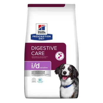 Hill's Prescription Diet Digestive Care i/d gevoelige hondenvoer zak met een lachende hond op de voorkant, gelabeld 'Veterinair Aanbevolen.'
