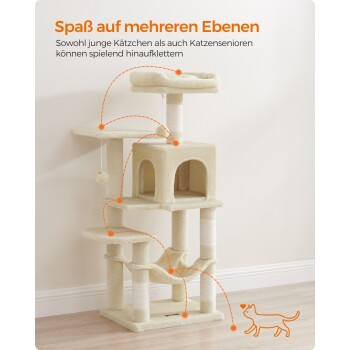 Katzenbaum mit mehreren Ebenen, mit weichem beigen Stoff, Kratzpfosten und verspielten hängenden Spielzeugen. Text: "Spaß auf mehreren Ebenen".