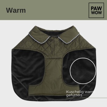 Ein warmer, gestepptes Haustiermantel in olivgrün mit schwarzen Akzenten, mit einem Kragen und dem Text 'Kuschelig warm gefüttert', der gemütliche Wärme anzeigt.