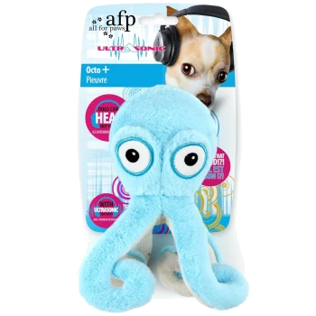 Blaues Plüsch-Oktopus-Hundespielzeug mit lockigen Tentakeln auf Kartenverpackung mit Aufdruck „afp all for paws“, „ULTRASONIC“ und „Octo +“