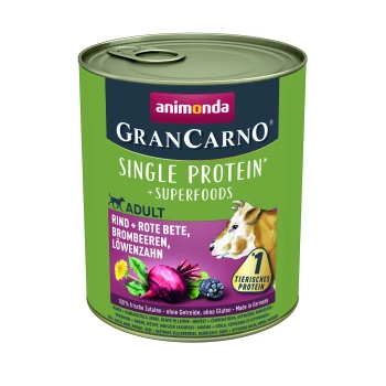 Dosenfutter "GranCarno" von Animonda, "Single Protein + Superfoods," mit Rindfleisch, Rote Beete, Brombeeren und Löwenzahn.