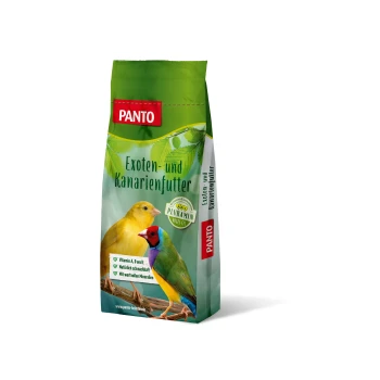 PANTO Exoten- und Kanarienfutterbeutel mit einem gelben Kanarienvogel und einem bunten Fink, mit Text, der die Vitamine A, D, E und natürliche Zutaten hervorhebt.