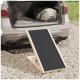 Eine Haustierrampe, die hinten an einem silbernen SUV positioniert ist und zum offenen Kofferraum führt, der eine graue Tasche enthält.