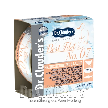 Dose Dr. Clauder's Best Filet Nr. 07 Katzenfutter, mit Hühnerbrust und Lachs, mit 75,7% Fleischanteil.