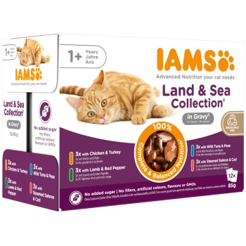 IAMS Land & Sea Katzenfutterkarton mit orangefarbenem Streifenkater; Text: 'in Gravy', '100% Complete & Balanced Nutrition', 'No added sugar'.