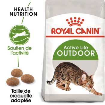 Outdoor Croquettes Chat 400 g Sac de nourriture pour chats Royal Canin Active Life Outdoor avec une illustration de chat Bengal, mettant en avant la nutrition santé et la taille de croquettes adaptée.