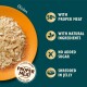 Shredded chicken pet food on orange plate labeled "Proper Meat" with 50% meat, natural ingredients, no added sugar, shredded in jelly.