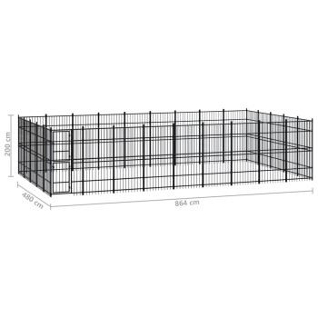 Schwarzes Metall-Haustiergehege mit den Abmessungen: Höhe 200 cm, Breite 480 cm, Länge 864 cm.