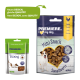 Two PREMIERE pet snack packages: left "Training" (green) and right "Mini Snack Sweethearts" (blue/yellow) with chicken and "I love my dog."