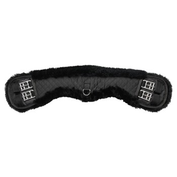 Schwarzes, fleecegefüttertes Sattelpad mit silbernen Schnallen und einem gesteppten Design, ideal für den Komfort beim Reiten.