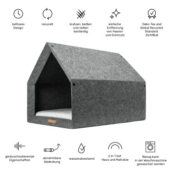 Graues Filzhaustierhaus mit einem abnehmbaren Kissen, mit Symbolen, die sein zeitloses Design, seine Recyclingfähigkeit und einfache Reinigung hervorheben.