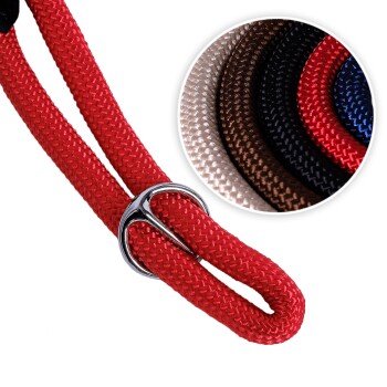 Rote geflochtene Hundeleine mit einem silbernen Metallring, begleitet von einem runden Ausschnitt, der verfügbare Farboptionen zeigt: schwarz, braun, rot und creme.