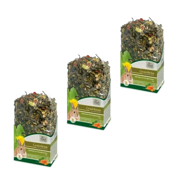 Trois sacs de nourriture pour lapins JR FARM sans céréales, avec un mélange d'herbes et de légumes, avec une image de lapin et des informations nutritionnelles.