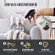 Eine Hand sprüht eine Couchdecke mit "Urine Stopper." Anweisungen: "1. 1-2x wöchentlich sprühen, 2. Trocknen lassen, 3. Fertig! Stress- und geruchsfrei."