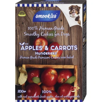 Verpackung von Smookies 100% Human Grade Smoothy Cookies für Hunde, mit Äpfeln und Karotten, mit einem Holz-Hintergrund und einem Hundebild.