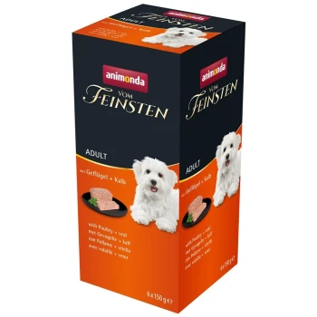 Packung Animonda Vom Feinsten Hundefutter für Erwachsene, mit Geflügel und Kalbfleisch, mit einem Bild eines weißen Hundes und einer Servierempfehlung.