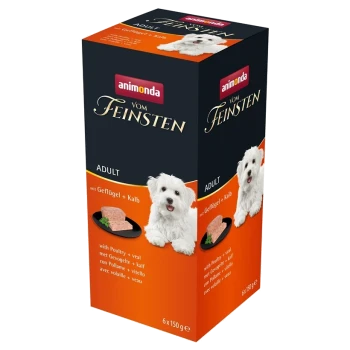 Packung Animonda Vom Feinsten Hundefutter für Erwachsene, mit Geflügel und Kalbfleisch, mit einem Bild eines weißen Hundes und einer Servierempfehlung.