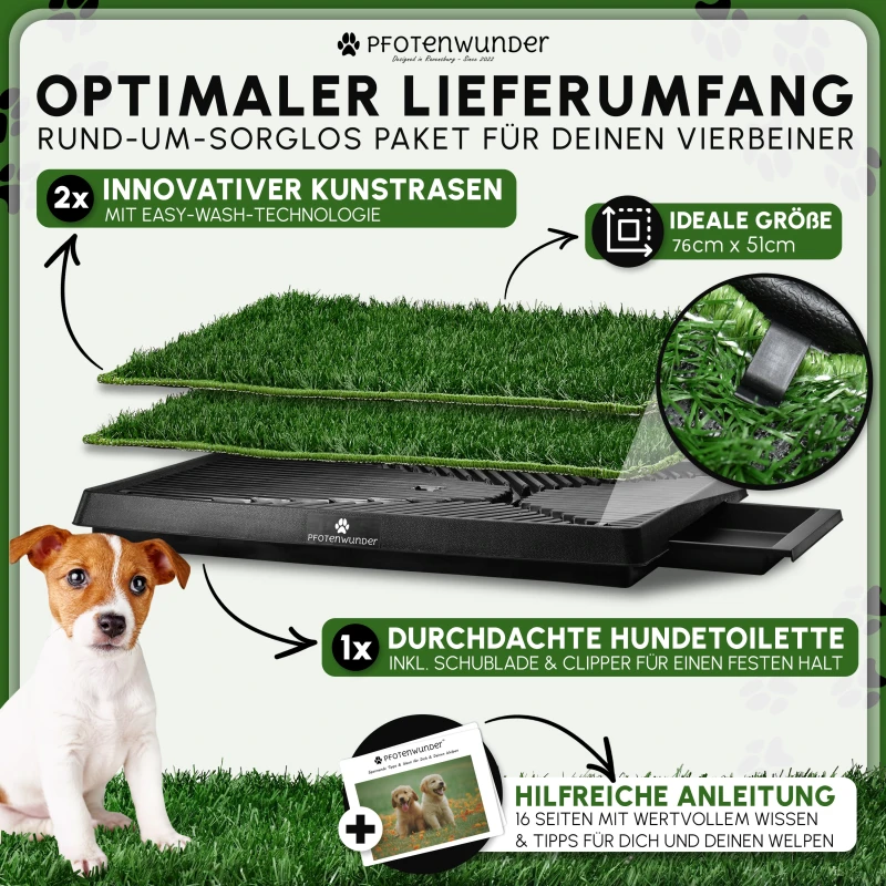 PfotenWunder® Hundeklo XXL 76*51cm, 2 Easy-Wash-Rasen + 1 Büchlein