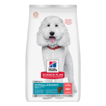 Hill's Science Plan hypoallergene Futterpackung, weißer, flauschiger Hund mit rotem Halsband; Kennzeichnungen: hypoallergen, mit Lachs.