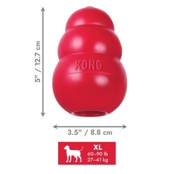 Czerwona gumowa zabawka KONG z wytłoczonym napisem „KONG”, pokazuje wymiary 5" (12,7 cm) x 3,5" (8,8 cm) oraz czerwoną etykietę „XL 60–90 lb 27–41 kg”.
