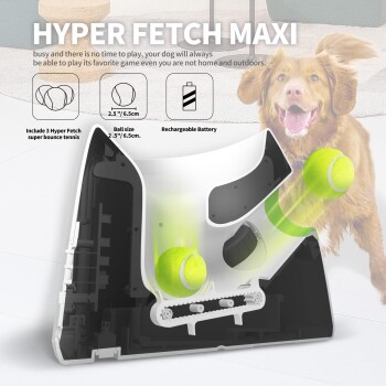 Hyper Fetch Maxi automatischer Tennisballwerfer für Hunde mit 3 Super-Bounce-Bällen, Größe 2,5" und wiederaufladbarem Akku.