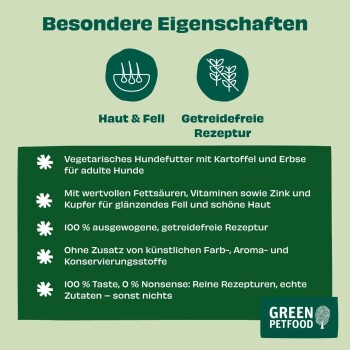 Green Petfood-Label: „Besondere Eigenschaften“ — Haut & Fell; getreidefrei; vegetarisches Hundefutter; ohne Zusatzstoffe.