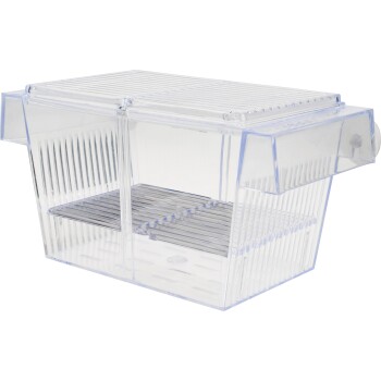 Klarer Kunststoff-Tierlebensraum mit geschlitztem Ober- und Unterteil, der zwei separate Fächer für kleine Tiere bietet.