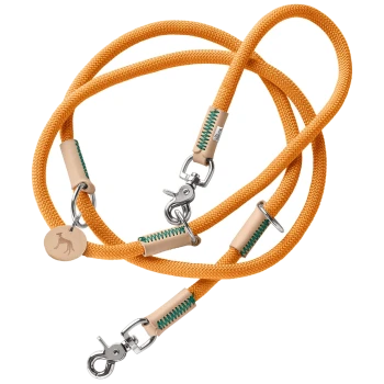 Orange geflochtene Hundeleine mit Lederakzenten und Metallclips, mit einem kleinen Anhänger mit einem Hundesilhouette.