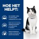 Een zwart-witte kat op een blauwe achtergrond met tekst over de voordelen van een huisdiervoer voor spijsvertering en immuunsysteem gezondheid.