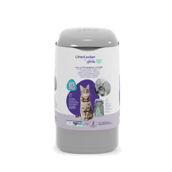 LitterLocker Katzentoiletten-Entsorgungssystem von Genie mit Easy Roll, zeigt eine getigerte Katze und Details zur Geruchskontrolle.