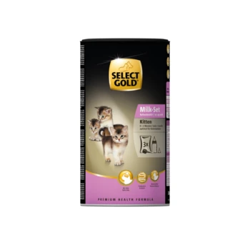 Milk-Set Kitten wraz z butelką na mleko i łyżką 300 g Select Gold Milk-Set dla kociąt, z trzema bawiącymi się kociętami na opakowaniu, oznaczony dla wieku 0-12 miesięcy, premium formuła zdrowotna.