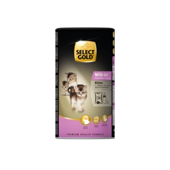 Select Gold Milch-Set für Kätzchen, mit drei verspielten Kätzchen auf der Verpackung, gekennzeichnet für Altersgruppen von 0-12 Monaten, Premium-Gesundheitsformel.